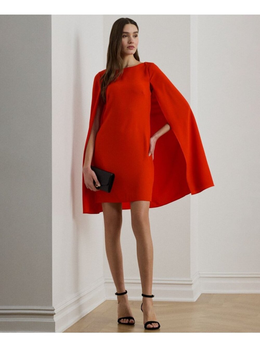 Lauren Ralph Lauren Crewneck Lined Georgette Cape overlay Dress Red Size 8 $195